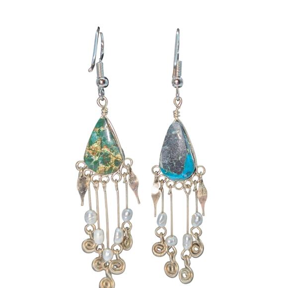 Sterling Pearl Turquoise Dangle Earrings Missing Middle Rod & Pearl - Picture 2 of 5